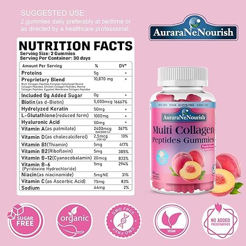 Miniatura 2 de Gomitas de péptidos de colágeno múltiple, sin azúcar, hidrolizadas, 5000 mg de proteína, tipo I, II, III, V, X, con biotina, ácido hialurónico,