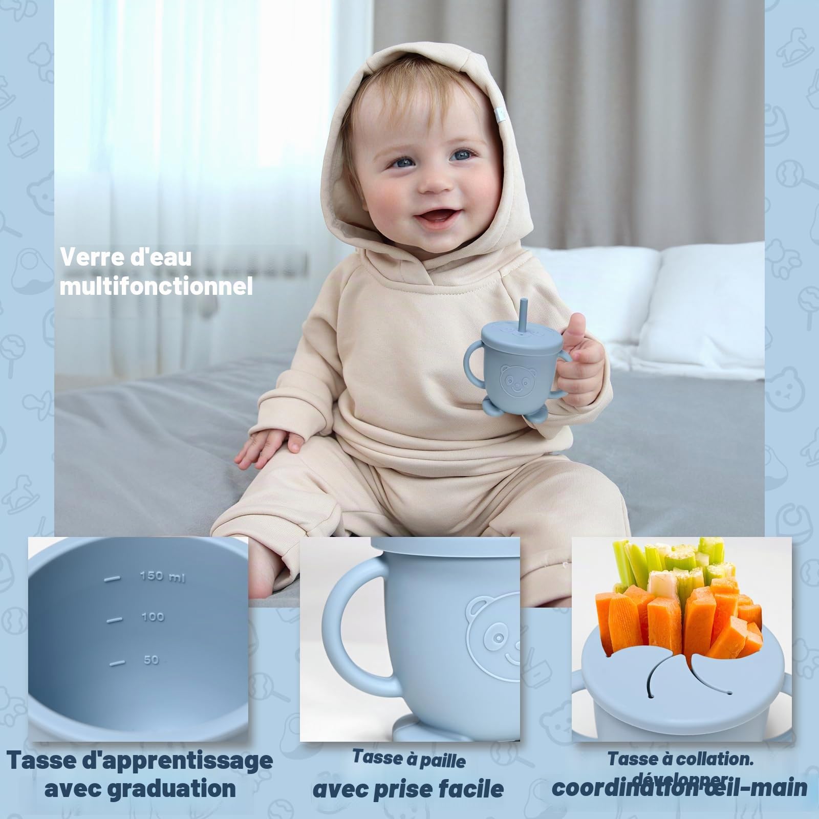 Assiette bebe Set, 11 Pièces Coffret Repas Bebe Silicone, Vaisselle Assiette ventouse pour bébé, Bavoir Silicone Bebe, Cuillère, Enfant Set Couverts Vaisselle Pour Sevrage Manger (Bleu)