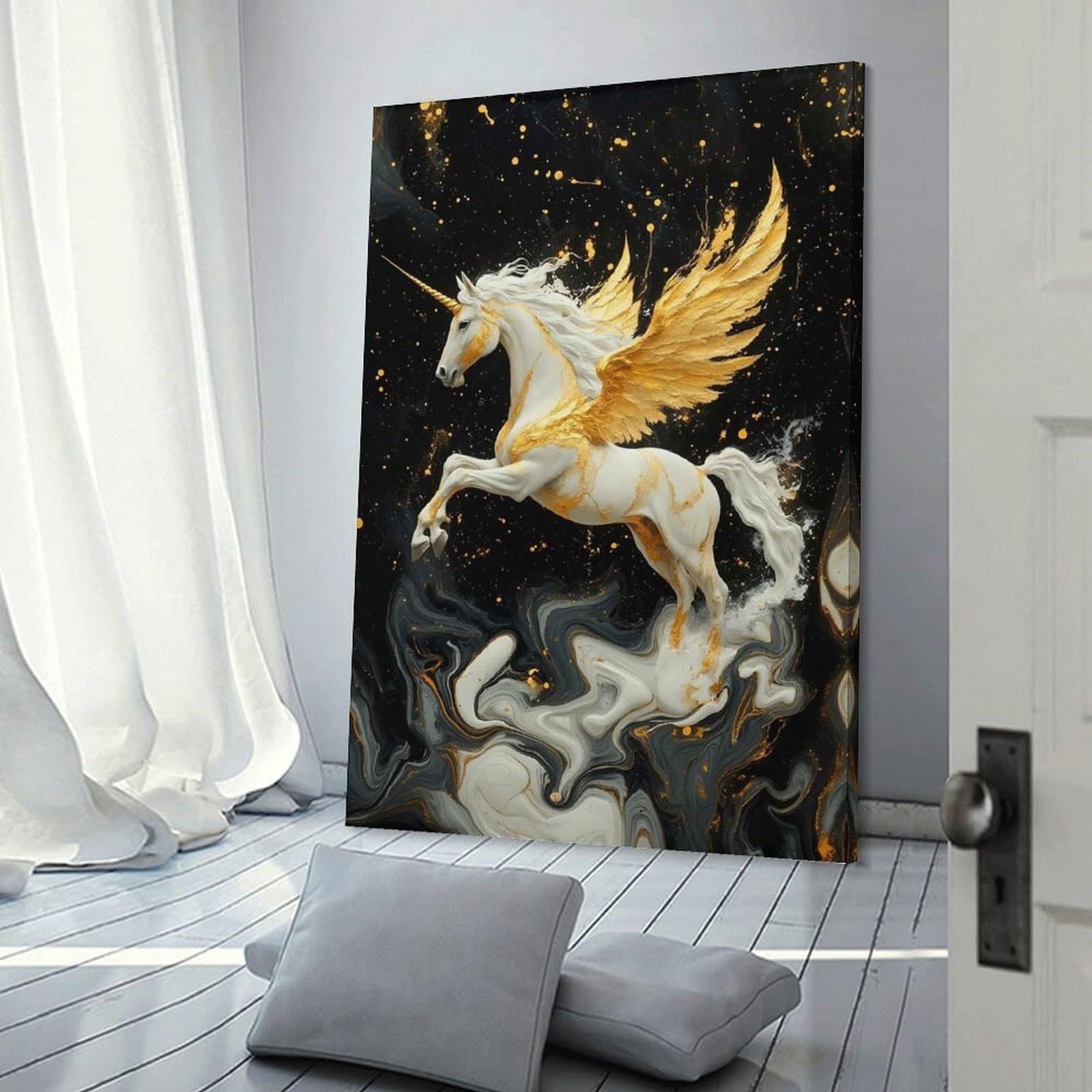 Junmoney Frame-Style-22 Golden Winged Unicorn On Marble Decorative Canvas Print, 20X30inch(50X75cm), For Contemporary Homes, Apartments Or Offices, Home Artwork For Modern Interiors