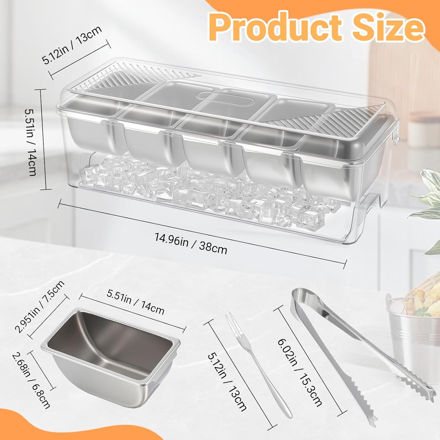 Large Ice Chilled Condiment Server Caddy with 5 Stainless Steel Removable Compartments, Clear Plastic Garnish Tray with Lid, 5 Forks and 2 Tongs, Fruit, Salad, Taco, Bar Platter for Party Bar Supplies - Image 2