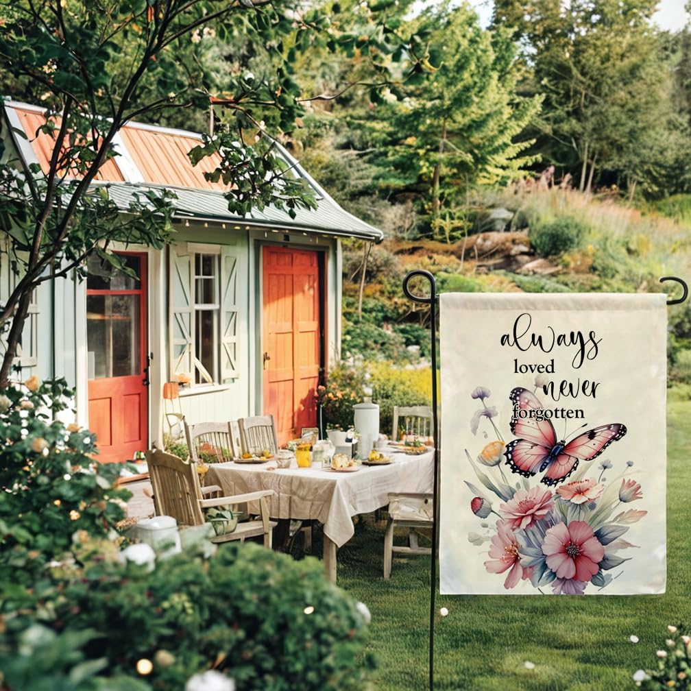 Butterfly Flowers Garden Flag 12.5 x 18 Inch Always Loved Never Forgotten Memorial Garden Flag Double Sided Spring Summer Yard Flags for Outdoor Seasonal Porch Lawn Decor (Pink) - Image 3