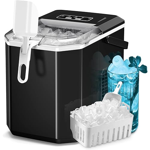 ZAFRO Countertop Ice Maker, 26.5Lbs/24H, 9 Bullet Cubes in 6 Mins, Self-Cleaning Portable Ice Machine with 2 Ice Sizes (S/L), Quiet Compact Design, Double Handles, for Home, Party, RV, Camping, Black