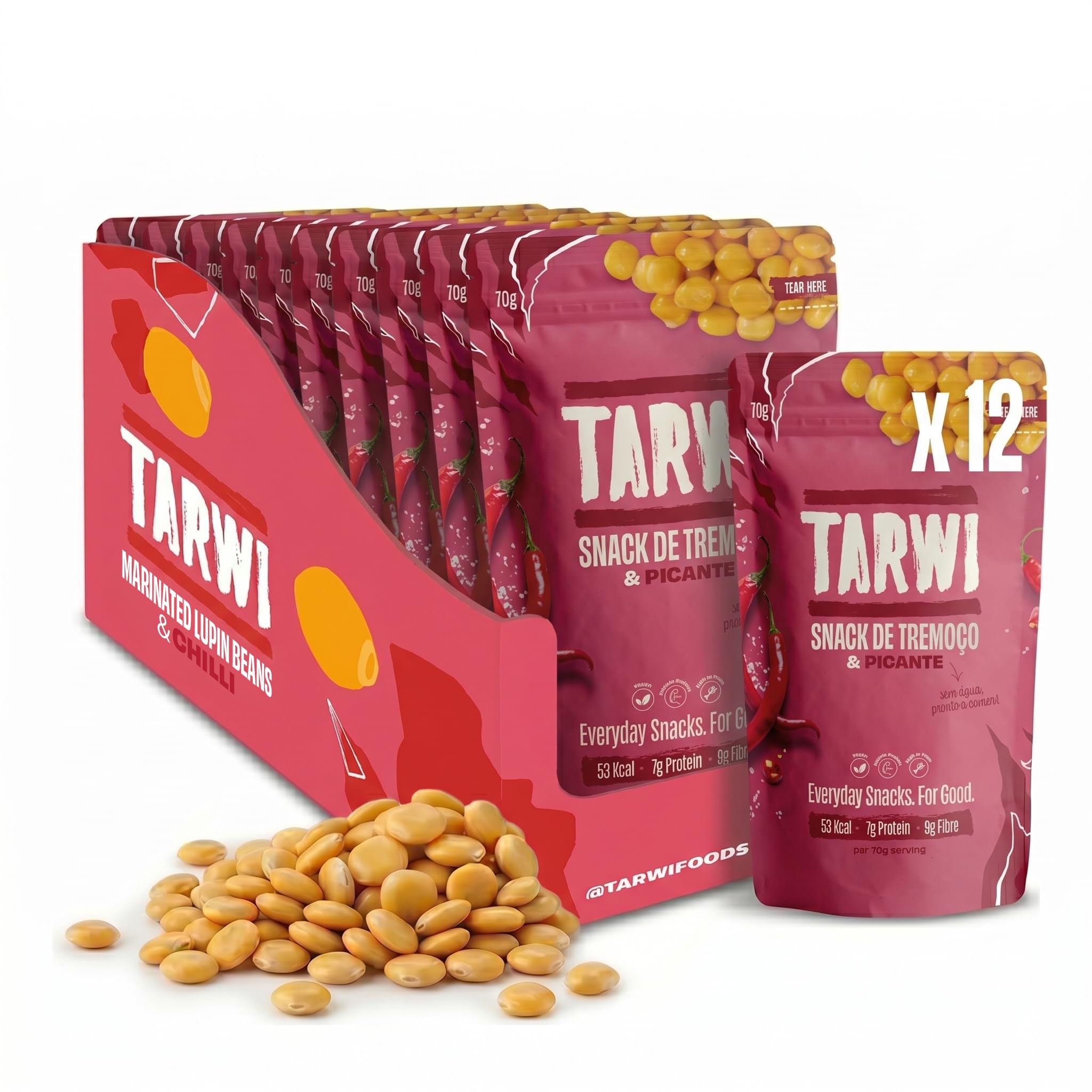 Tarwi Altramuces Marinados con Chilli, 12 Bolsas x 70g, Snack Proteico, Keto, Ingredientes Naturales, Proteina Vegetal, Bajo en Carbohidratos, Alto en Fibra, Snacks Veganos | Ingredientes Naturales, Proteina Vegetal, Bajo en Carbohidratos, Alto en Fibra,