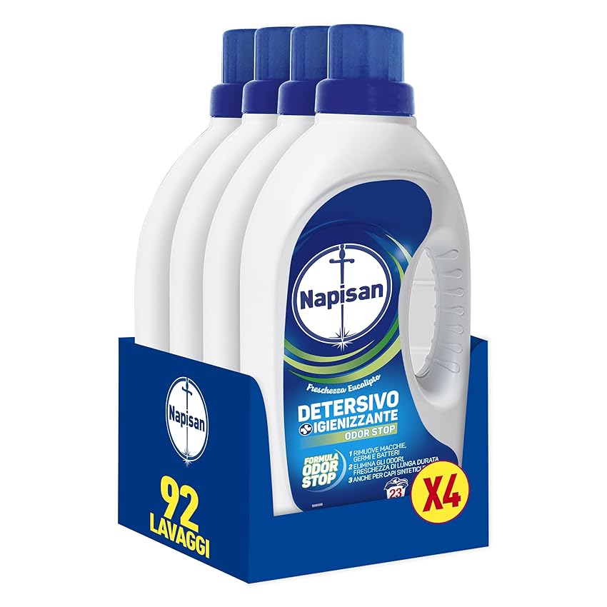 Napisan Detersivo Lavatrice Liquido Igienizzante Odorstop, 4 Confezioni da 1.15 l da 23 Lavaggi di Detersivo Lavatrice Liquido