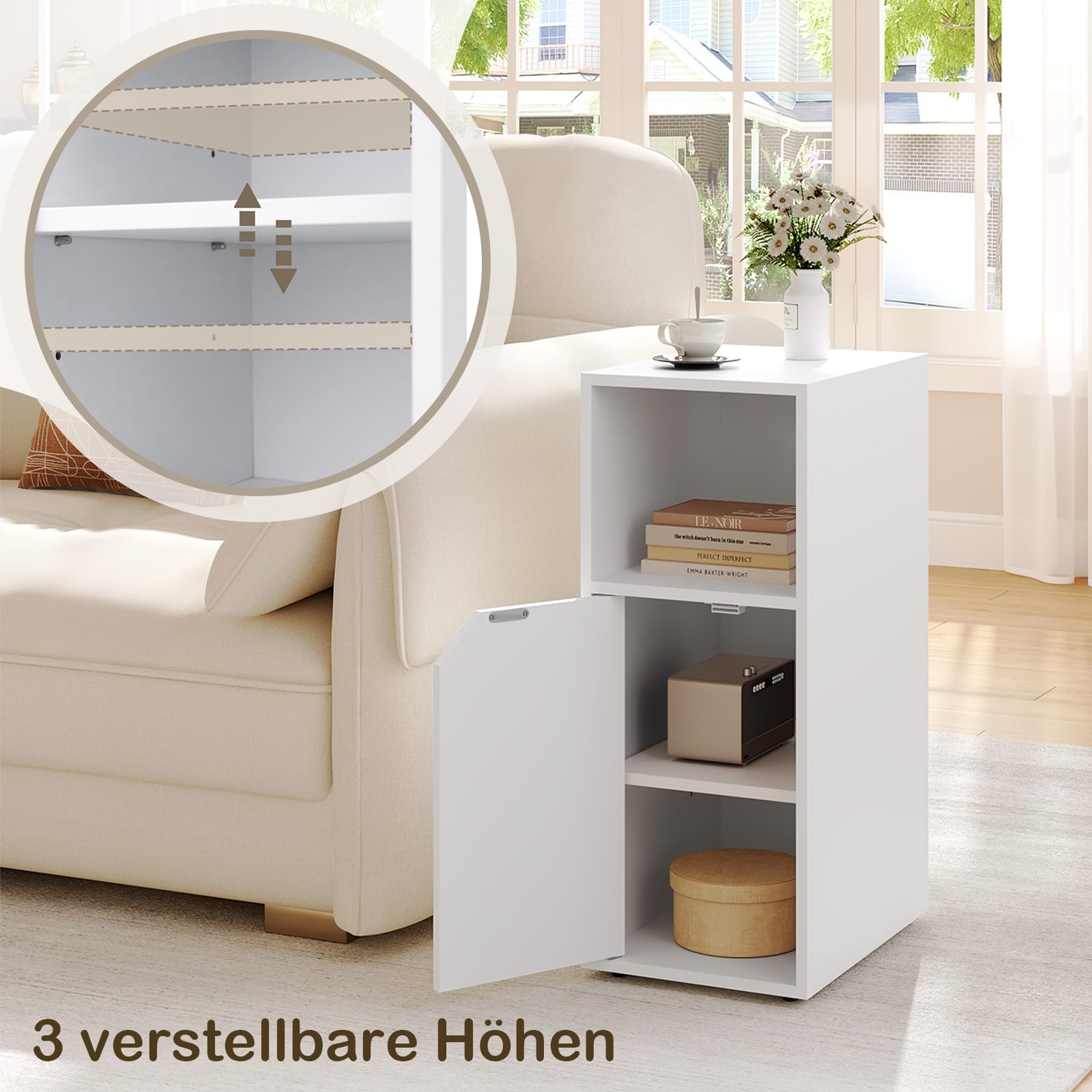 WOLTU Nachttisch schmal, Beistelltisch mit offenem Fach und Tür, Verstellbarer Ablage, 25x62x35 cm, Nachtschrank Bett, Nachtkästchen Nachtkommode modern, für Schlafzimmer, Weiß, NTS16ws