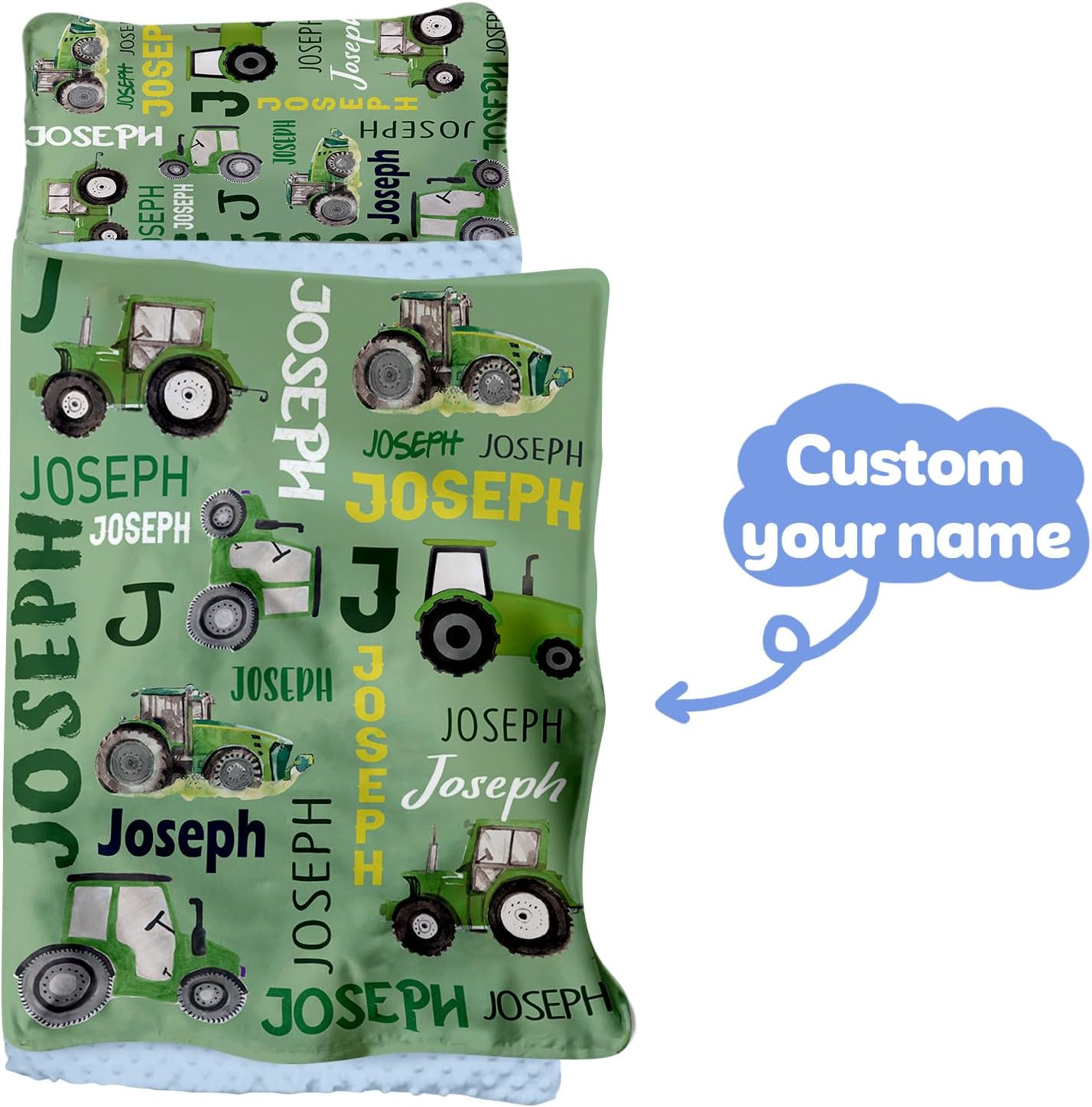 Custom Toddler Boys Sleeping Bag, Nap Mat for Daycare Preschool, Kids Sleeping Bag with Pillow and Blanket for Kindergarten, Personalized Name Easy Carry Sleeping Mat Tractors