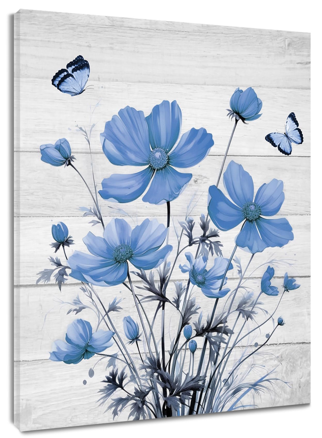 MEUNEAR Farmhouse Blue Floral Wall Art for Bathroom Country Flower and Butterfly on Rustic Wood Canvas Wall Art Wildflower Nature Plant Framed Art for