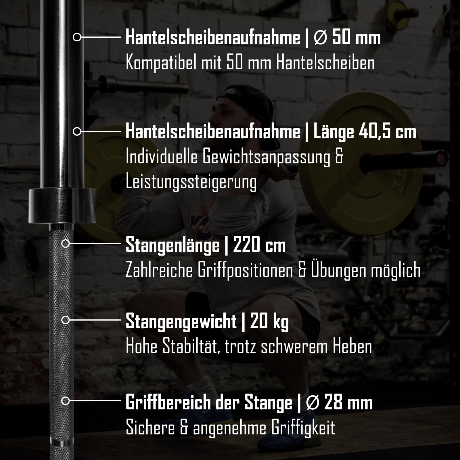 Strength Shop Olympia Langhantel 20kg, 220cm Länge & 28mm ⌀, Stahl Langhantelstange 50mm Scheibenaufnahme mit E-Coat Beschichtung & scharfer Rändelung, perfekt für dein Homegym