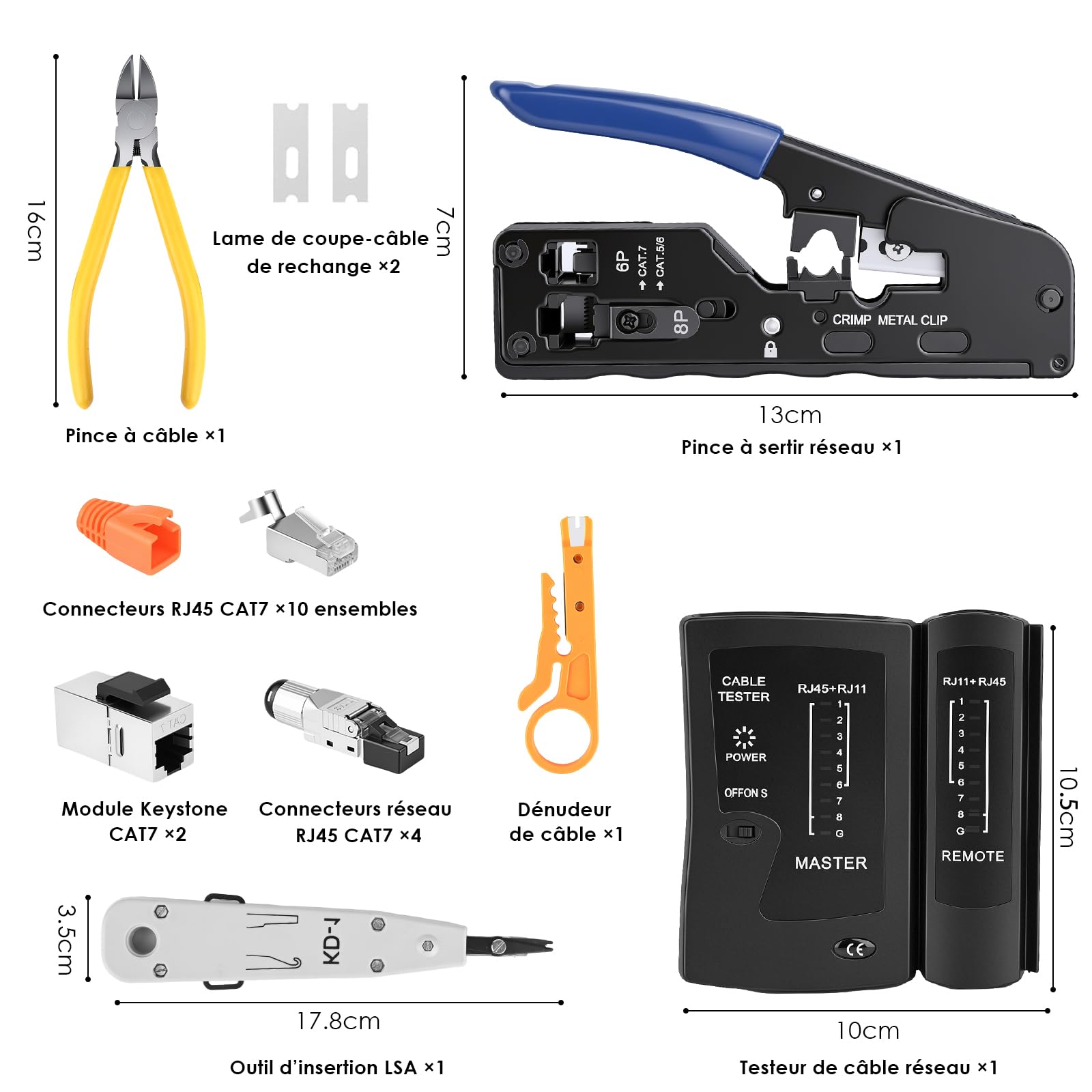 RJ45 Network Tool Kit, Sertisseuse Pass Through pour Cat7 Cat6 Cat5, Testeur de Câbles LAN, Outil LSA, 10 x RJ45 Plug, 4 x Sans Outil Prise Cat7, Pour RJ11 RJ12