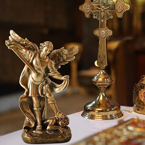 Vista 7 de Estatua de San Miguel Arcangel - Figura de ángel de San Miguel, estatua de resina con acabado de bronce antiguo, ideal para coleccionistas