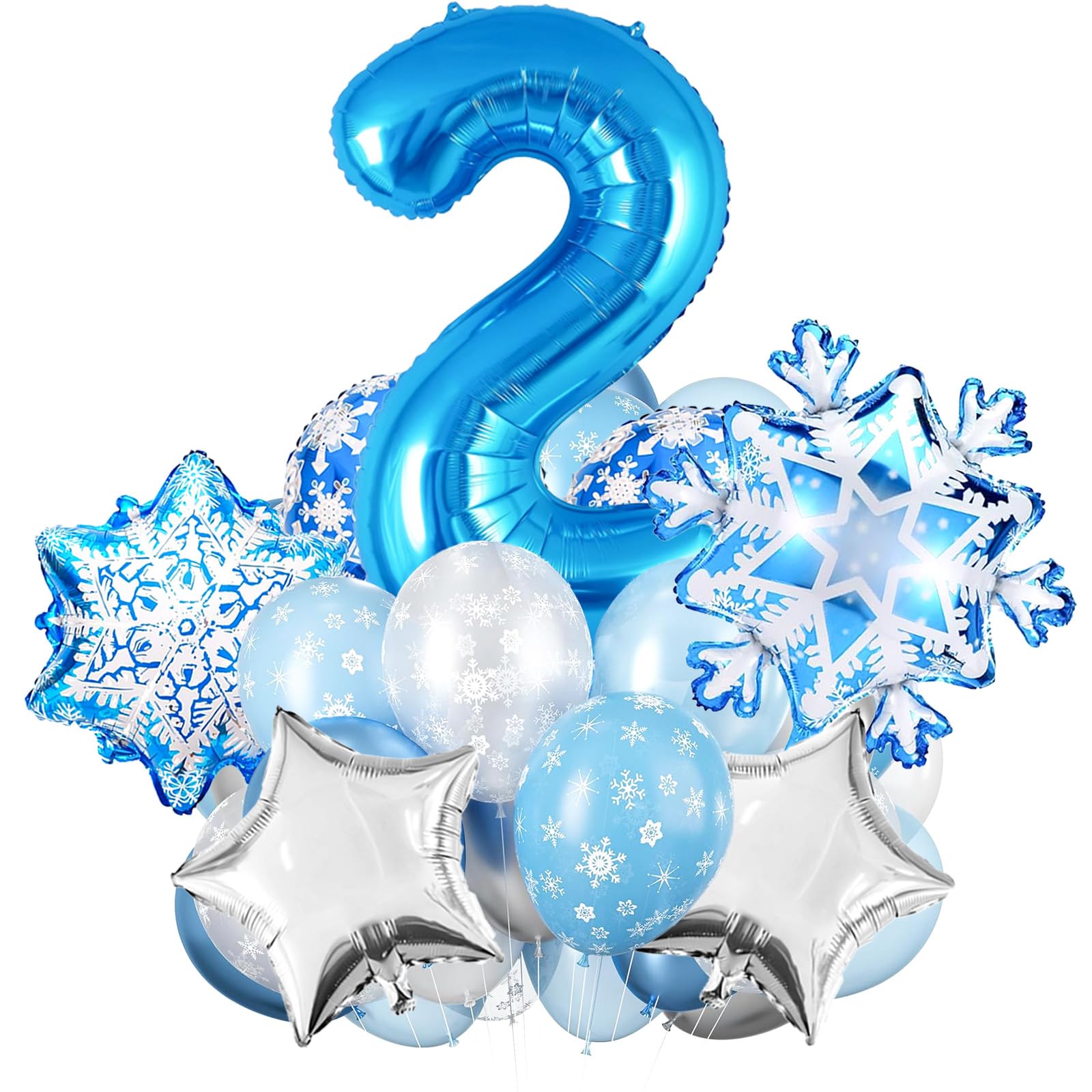 40IN Number 2 Balloon, 2 Balloon Snow Birthday Party Decorations, Snowflake Balloons, Silver and Blue Balloons, 2nd Birthday Decorations for Girl Teen