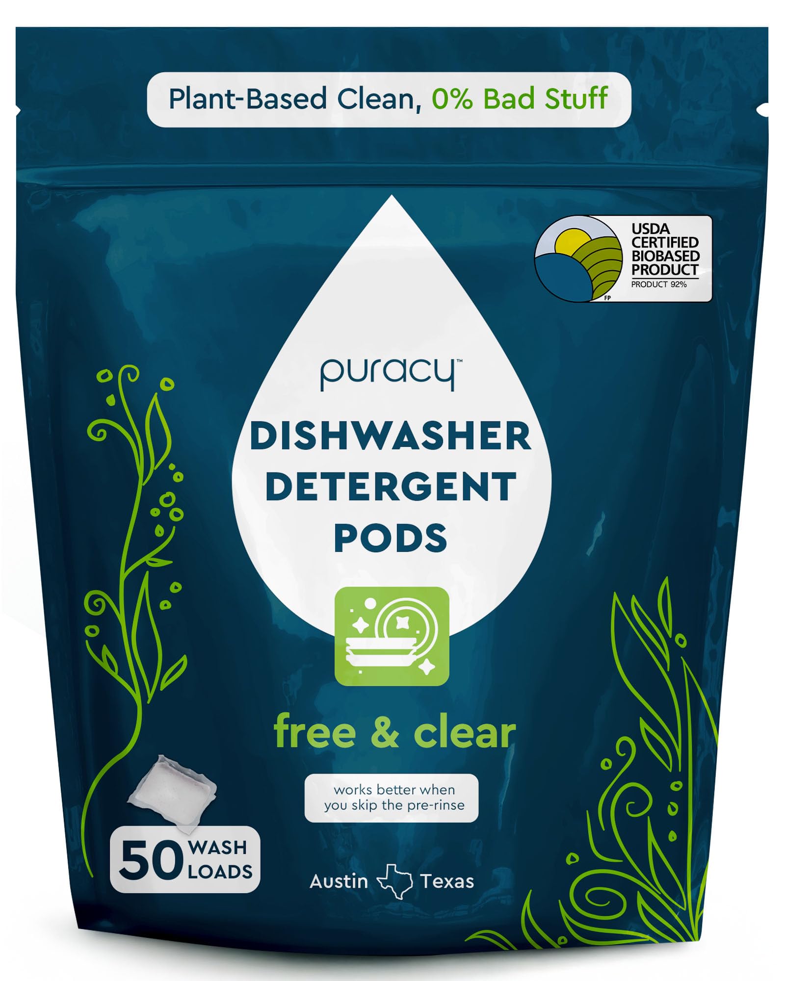 PuracyDishwasher Pods, Natural Dishwasher Detergent, Free & Clear Dish tabs - Enzyme-Powered, Spot & Residue Free - TikTok Trend Items, Must Haves from TikTok Made Me Buy It (Free & Clear, 50 Count)