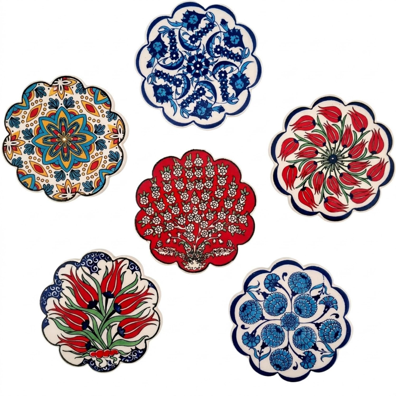 Ayennur Turkish Ceramic Plate Absorbent Daisy Desing Coasters for Drinks House Warming,Living Room Decoration Gift Set of 6 No Holder,Oversize Better Protects Furniture from Damage (Multi 3)