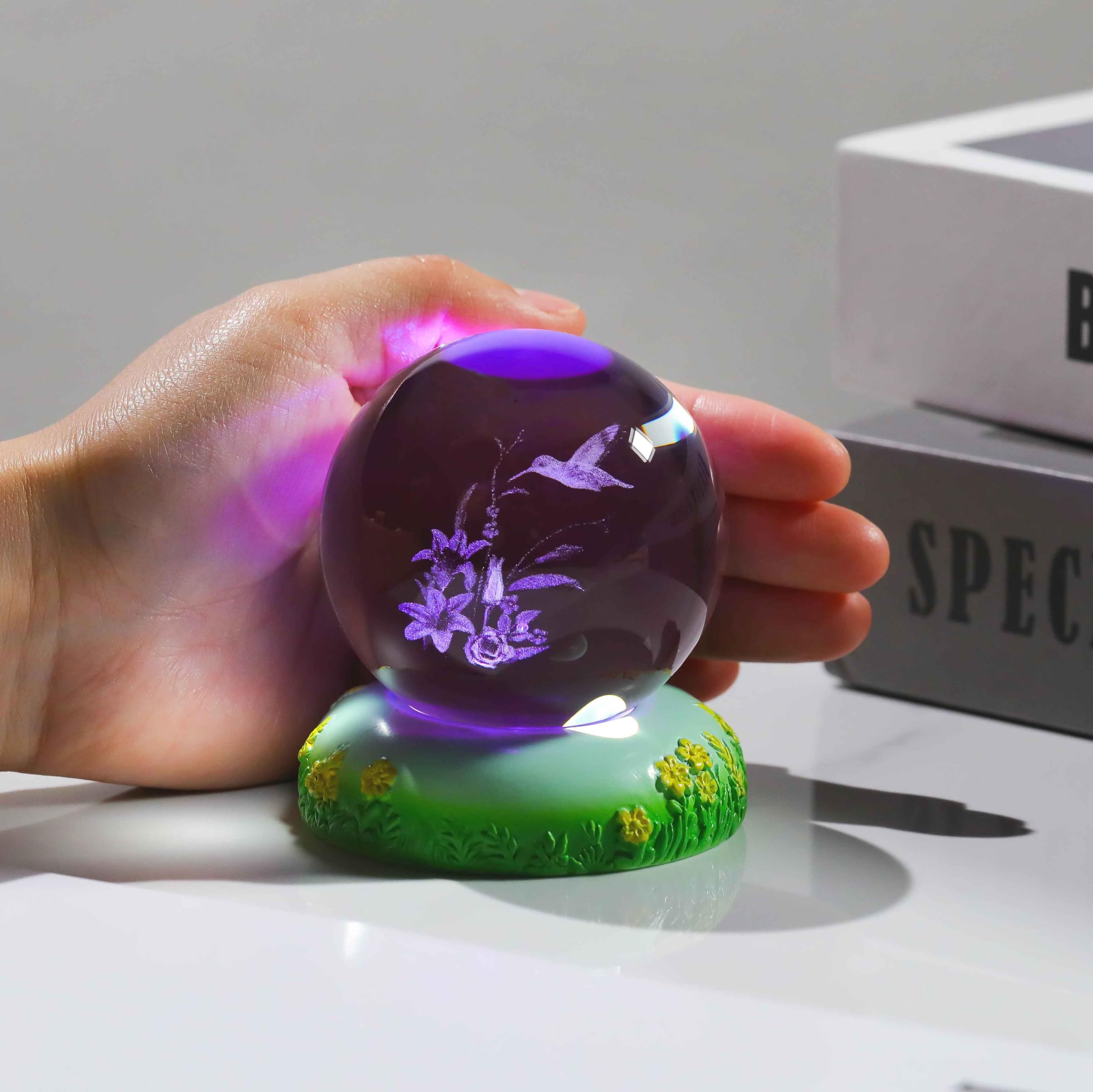 2.36in. Crystal Ball Engraved 3D Lily Flower and Hummingbird with LED Base - Image 3