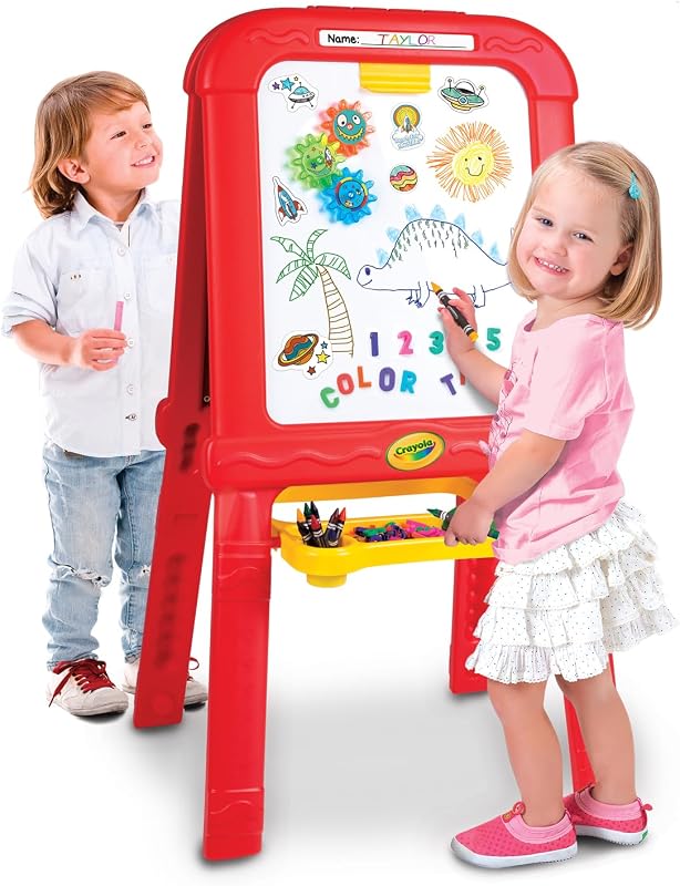 Creative Fun Double Easel for Kids – Foldable 2-Sided Art Station with Magnetic Dry-Erase Board, Chalkboard & Supply Tray – Includes 77 Magnetic Letters, Chalk & Paint Cups