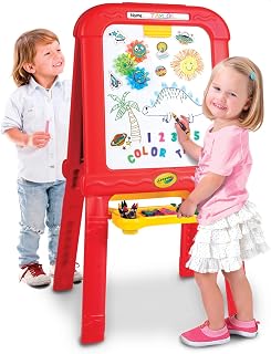 Crayola Creative Fun Double Easel for Kids – Foldable 2-Sided Art Station with Magnetic Dry-Erase Board, Chalkboard & Supply Tray – Includes 77 Magnetic Letters, Chalk & Paint Cups