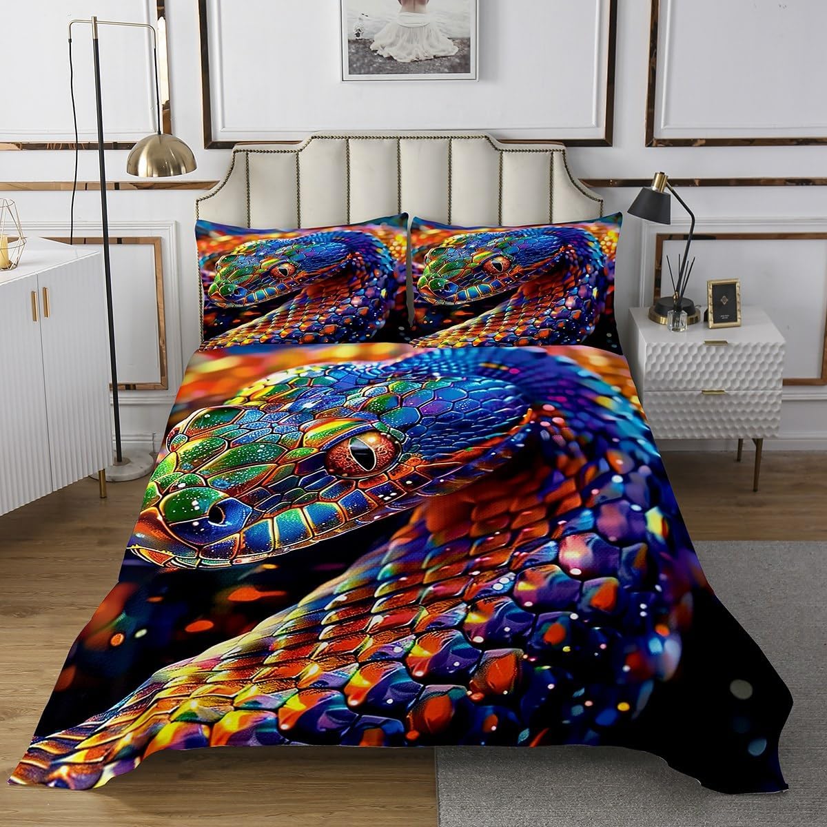 Homewish Glitter Snake Bedspread Queen Size,Wild Animal Bedding Set for Kids Boys Girls Room Decor,Neon Style Snake Quilt 3Pcs,Magical Animal Snake Microfiber Coverlet Set,2 Pillowcases
