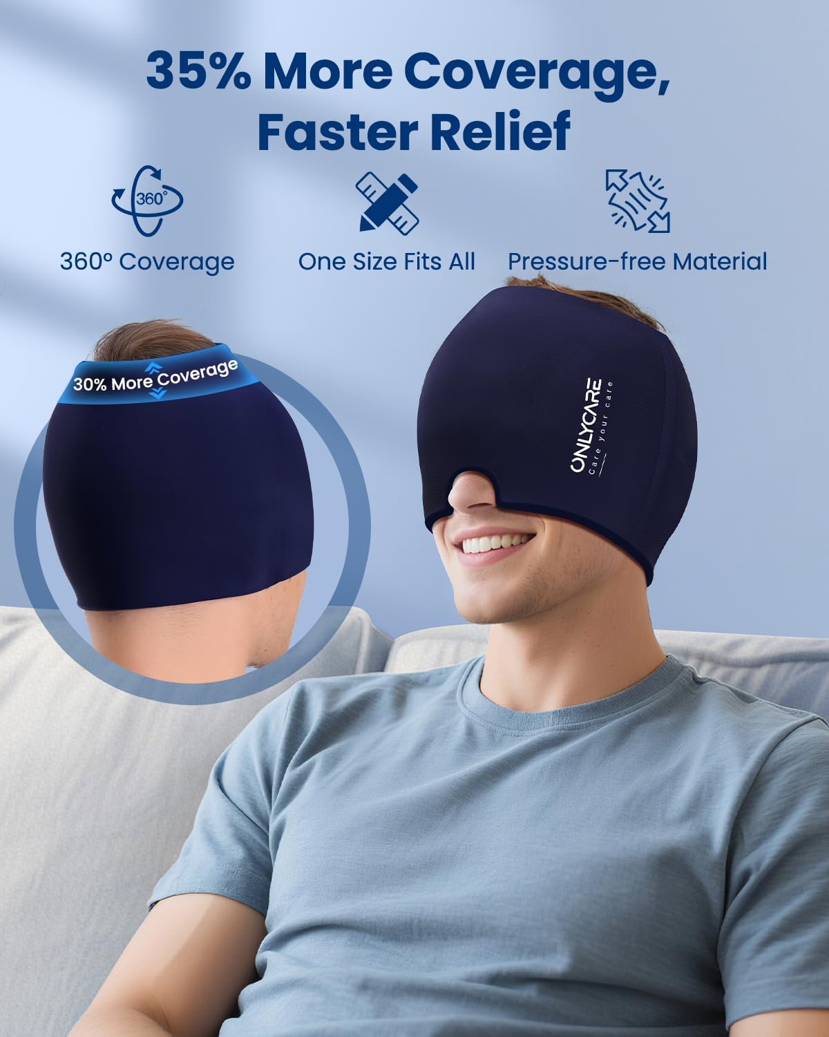 ONLYCARE Maschera rinfrescante per emicrania, con gel a 360°, per alleviare emicrania, mal di testa, blu notte