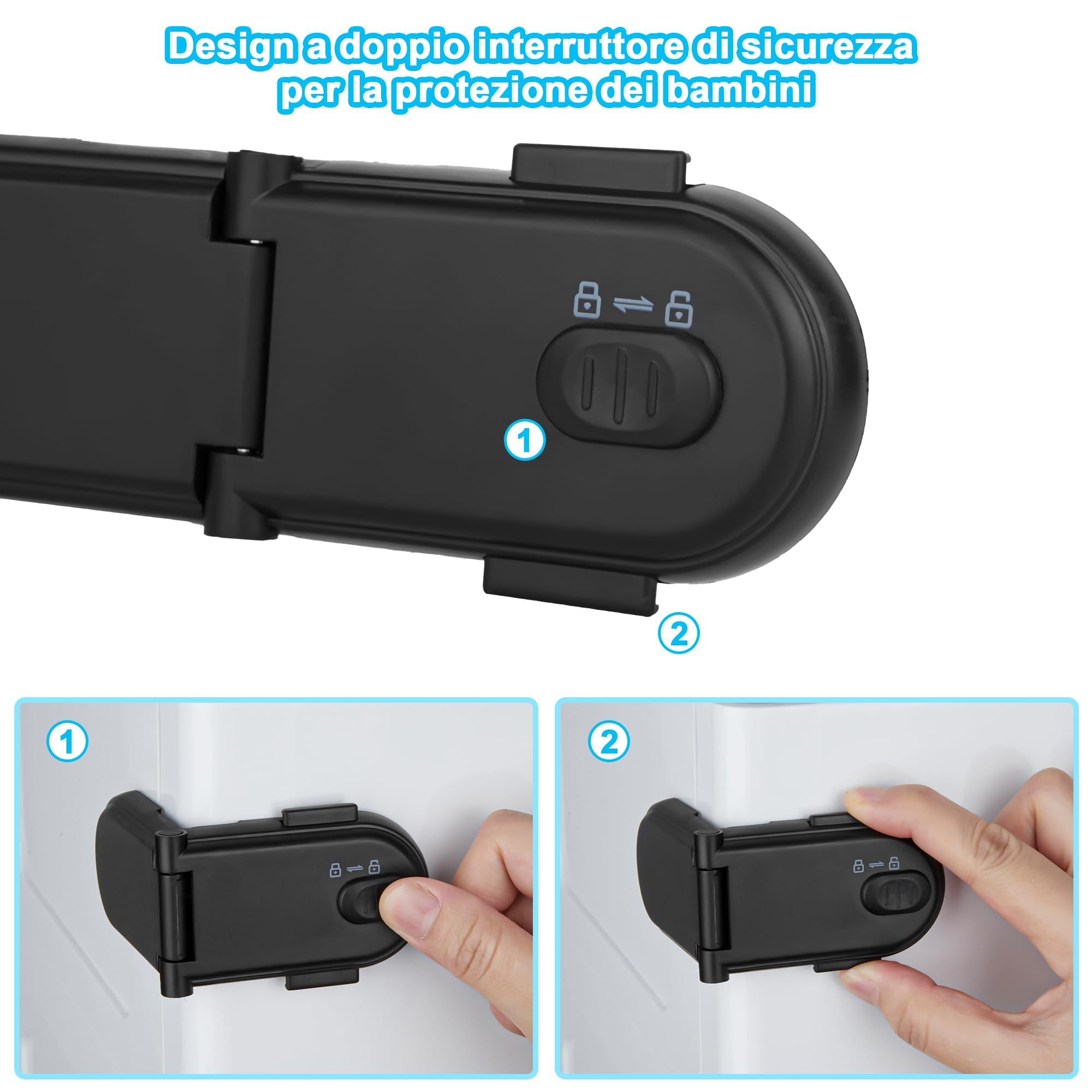 REDTRON Serrature per di sicurezza per bambini con doppio interruttore di sicurezza (4 pezzi, nero), blocca cassetti per bambini, facili da installare con adesivo 3M