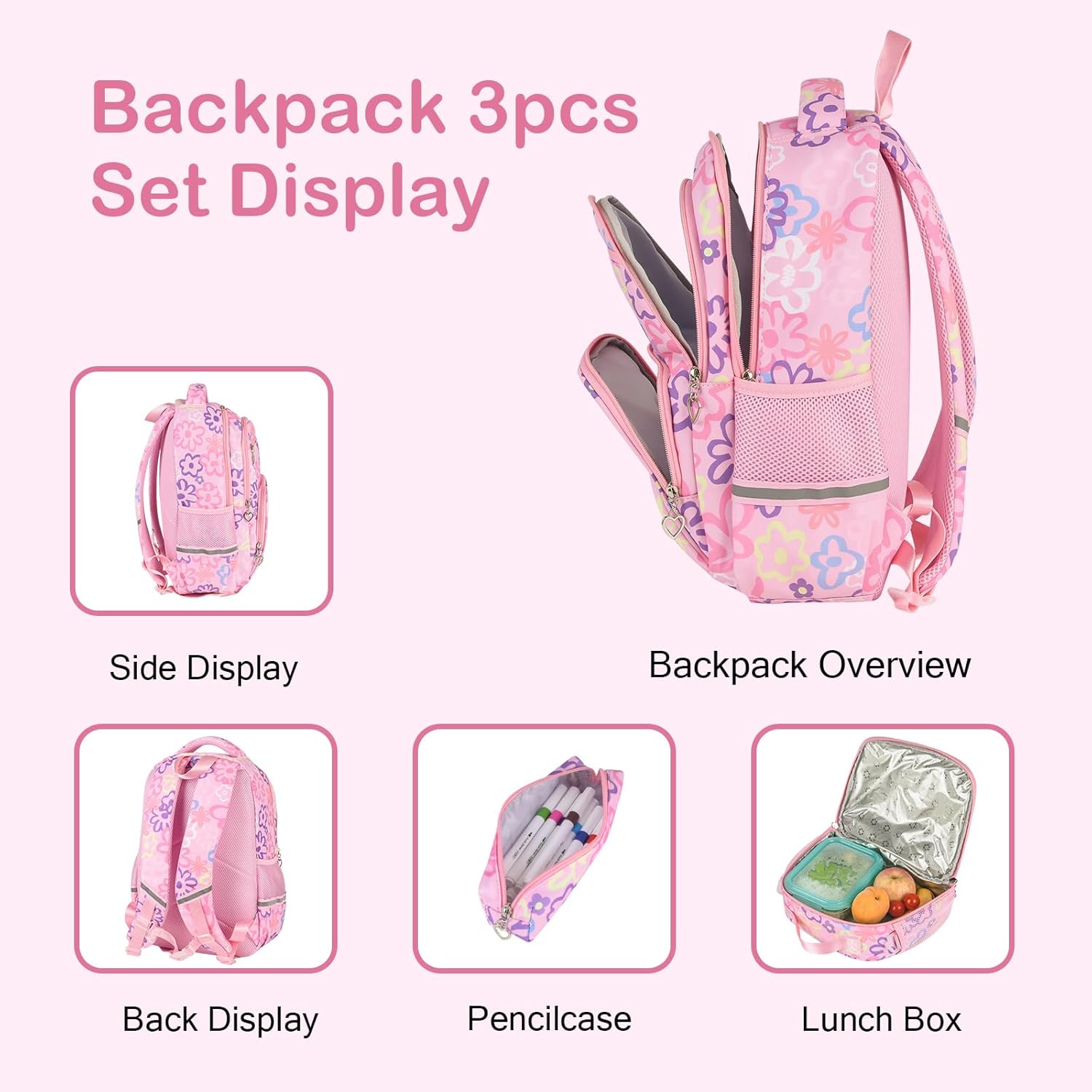 Rexmore 3Pcs Girls Backpack Set with Lunch Box & Pencil Case – Water-Resistant Flower Print Kids Backpack for Elementary, Middle School, Camping & Travel Gifts (Pink) - Image 7