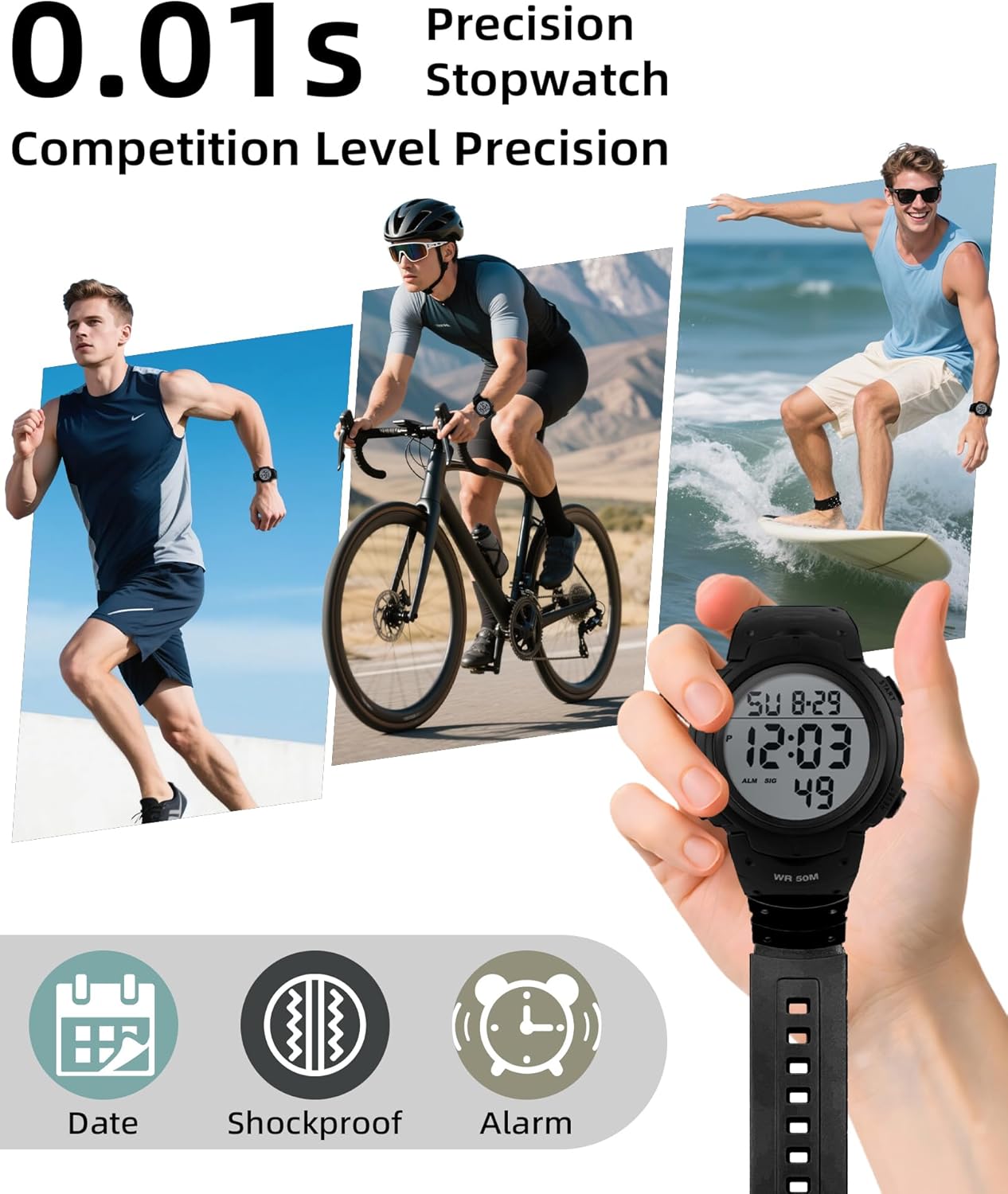 CakCity Mens Digital Watch Military Waterproof Outdoor Large Face Sports Watches with Stopwatch Back Light Alarm Date LED Display,Black - Image 5