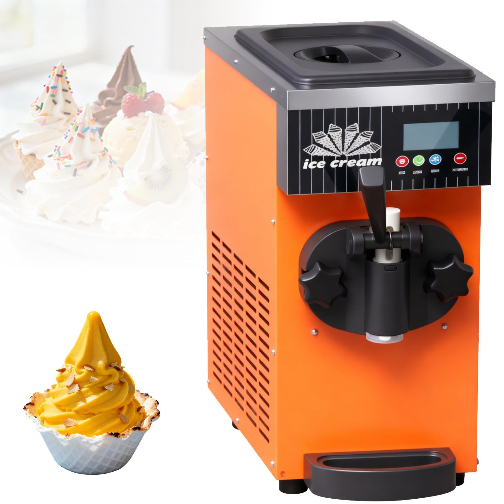 Máquina Comercial para Hacer Helado Suave de Un Solo Sabor, 450 W, Diseño de Acero Inoxidable para Encimera, Rendimiento de 4-5 Kg/h, Control por Panel LCD, para Restaurantes y Pastelerías Orange