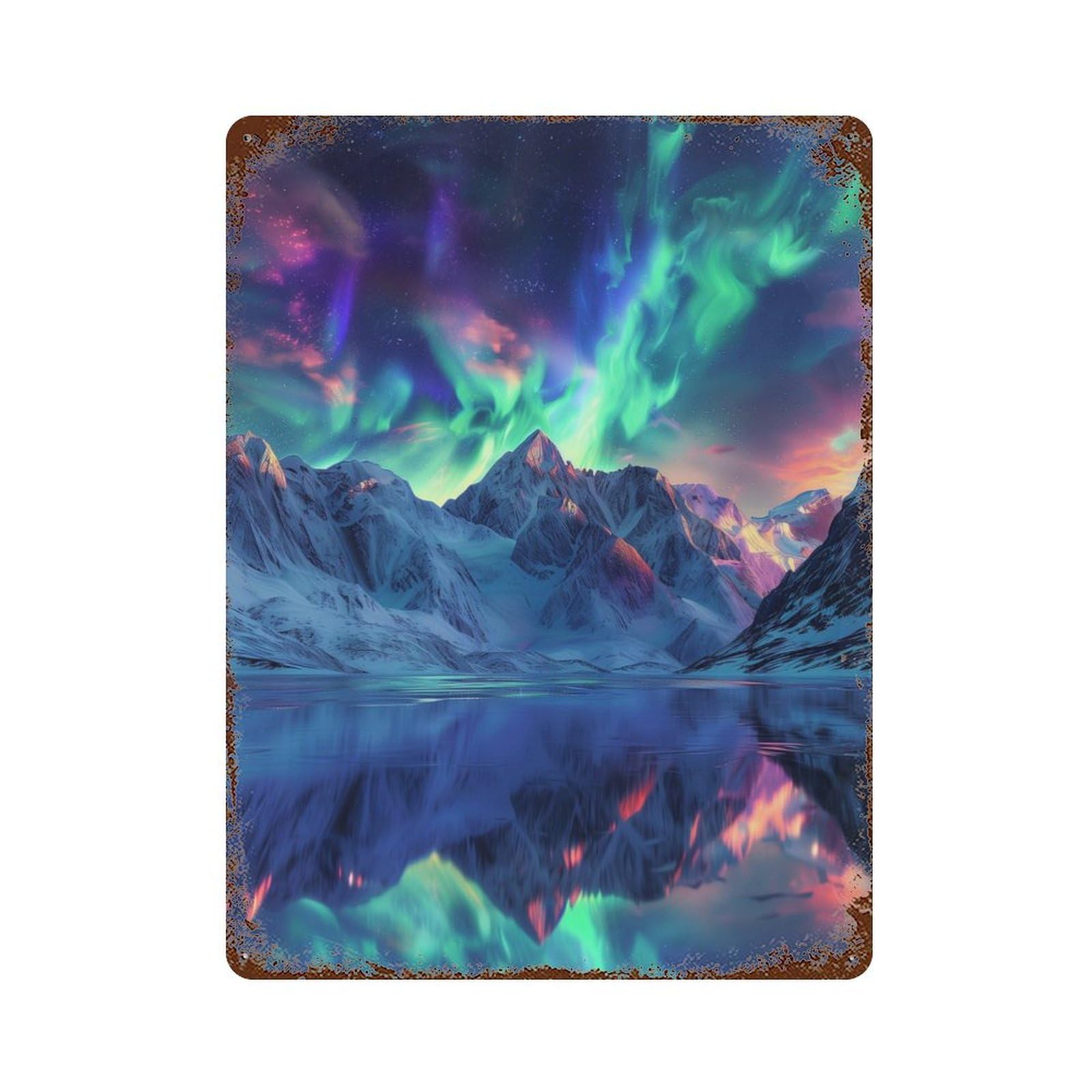 Aurora Borealis Mountain Landscape 15.7"x11.8" Aged Metal Wall Plaque, Retro Wall Decor for Farmhouse, Kitchen And Entryway Decor