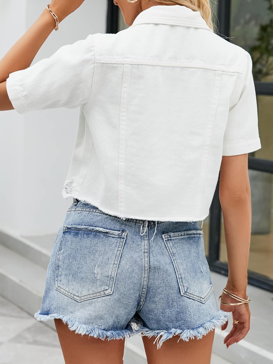 Ladyful Womens Cropped Denim Jacket Short Sleeve Button Down Casual Distressed Jean Jacket Outerwear - Image 2