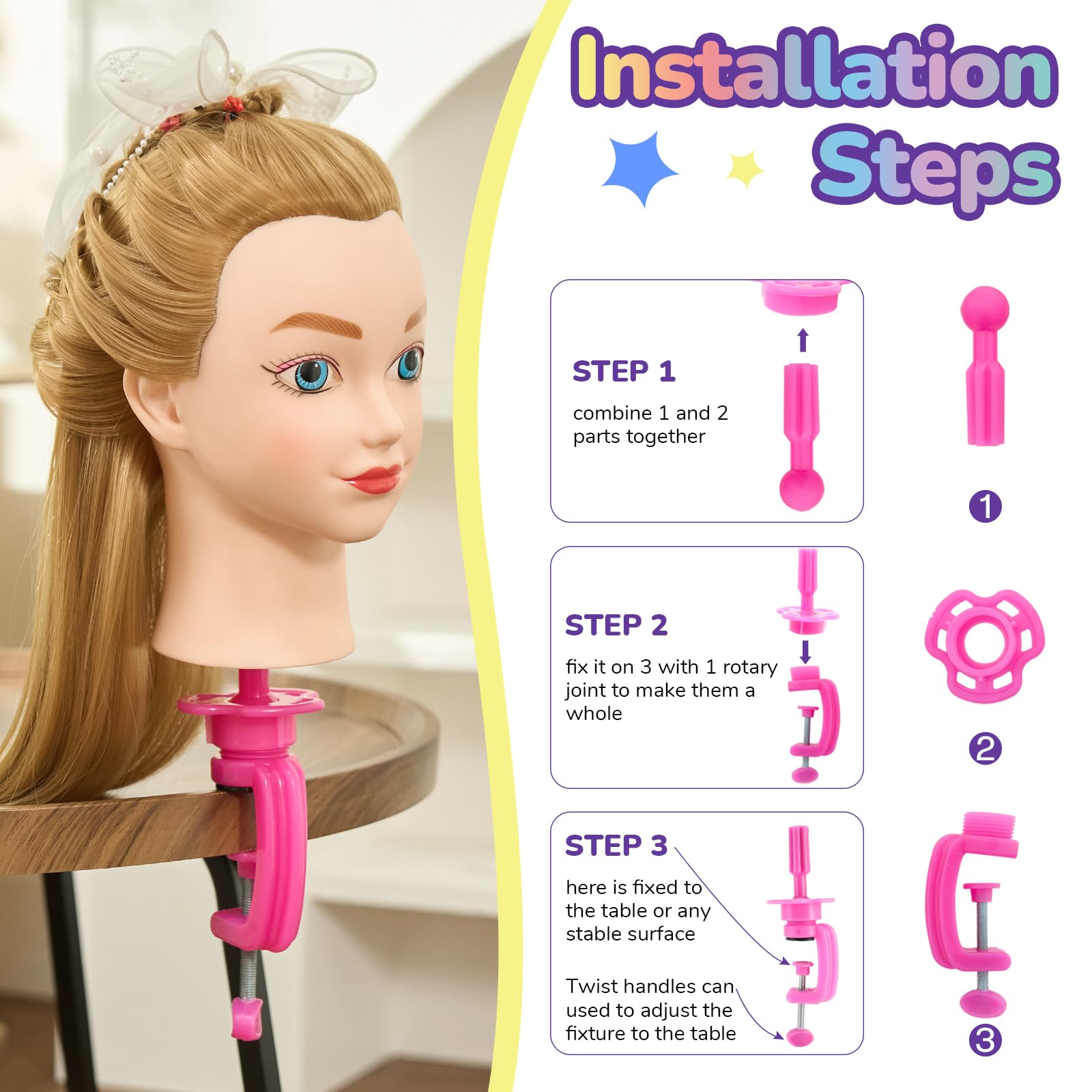 Frisierkopf mit Übungskopf ständer,Frisierkopf Echthaar 100% Synthetisches Haar Puppenkopf zum Frisieren Trainingsköpfe für Friseure Ausbildung Kopf Mit Halter + DIY Haare Set(Blond)