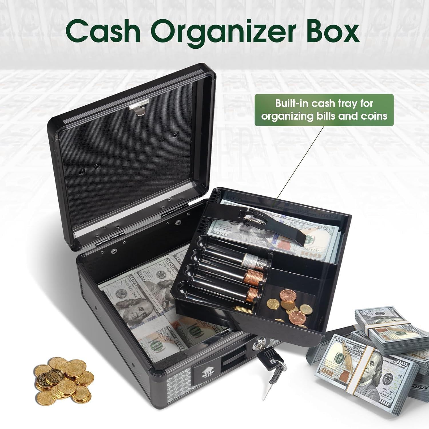 Suptikes Cash Collection Box with Lock | Durable Money Box with Key Lock & Coin Tray | Portable Metal Storage Safe for Dorm, Office, Home – 8.46 x 5.3 x 8.46 inch 1