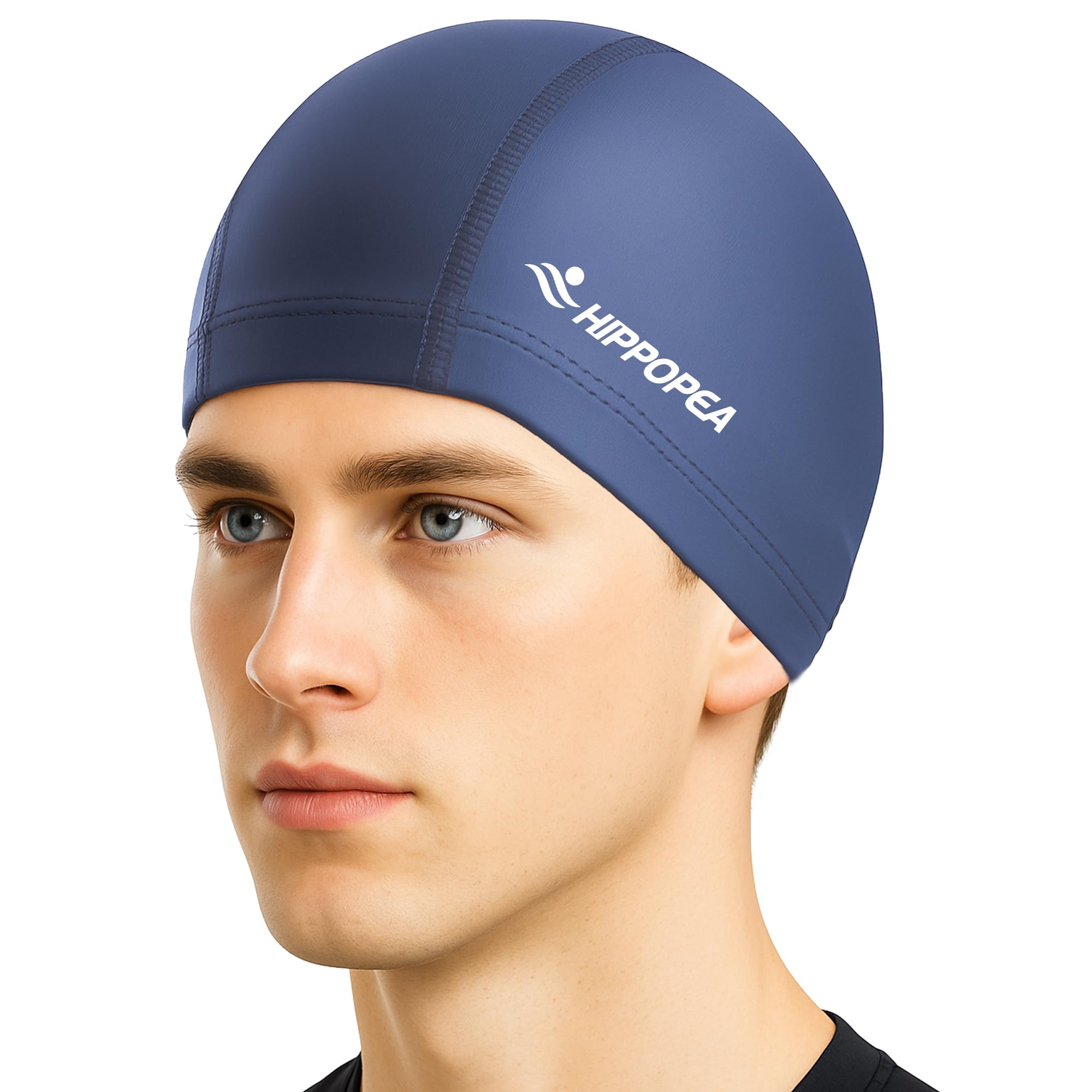 HIPPOPEA Fabric Swim Cap for Adult Women & Men, High Elasticity Lycra Cloth Swimming Cap, Breathable, Lightweight & Comfortable, Fit Both Long Hair and Short Hair (Deep Blue)