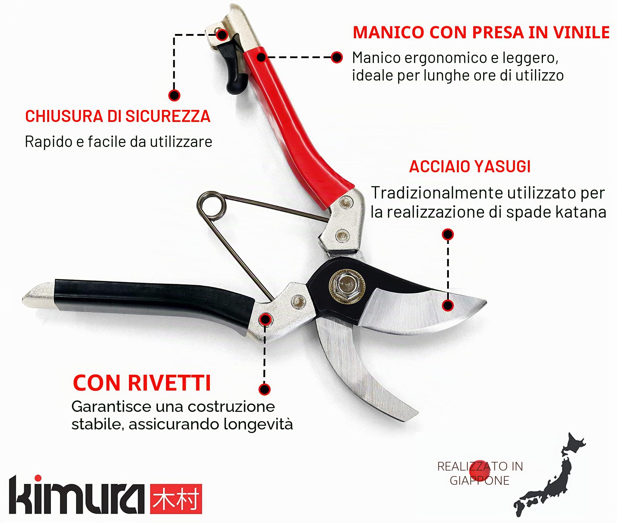 Kimura Garden Scissor Trimmer 8 pollici, [Fatto In Giappone], lama affilata in acciaio giapponese Yasugi, manici rivestiti in vinile antiscivolo, cesoie leggere, ergonomiche, bypass