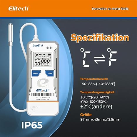 Elitech LogEt5THE USB Temperature Humidity Data Logger with External Sensor -40°C ~ 85°C 32000 Memory Points Auto PDF/CSV Reports Compatible with Windows & MacOS Reusable Logger