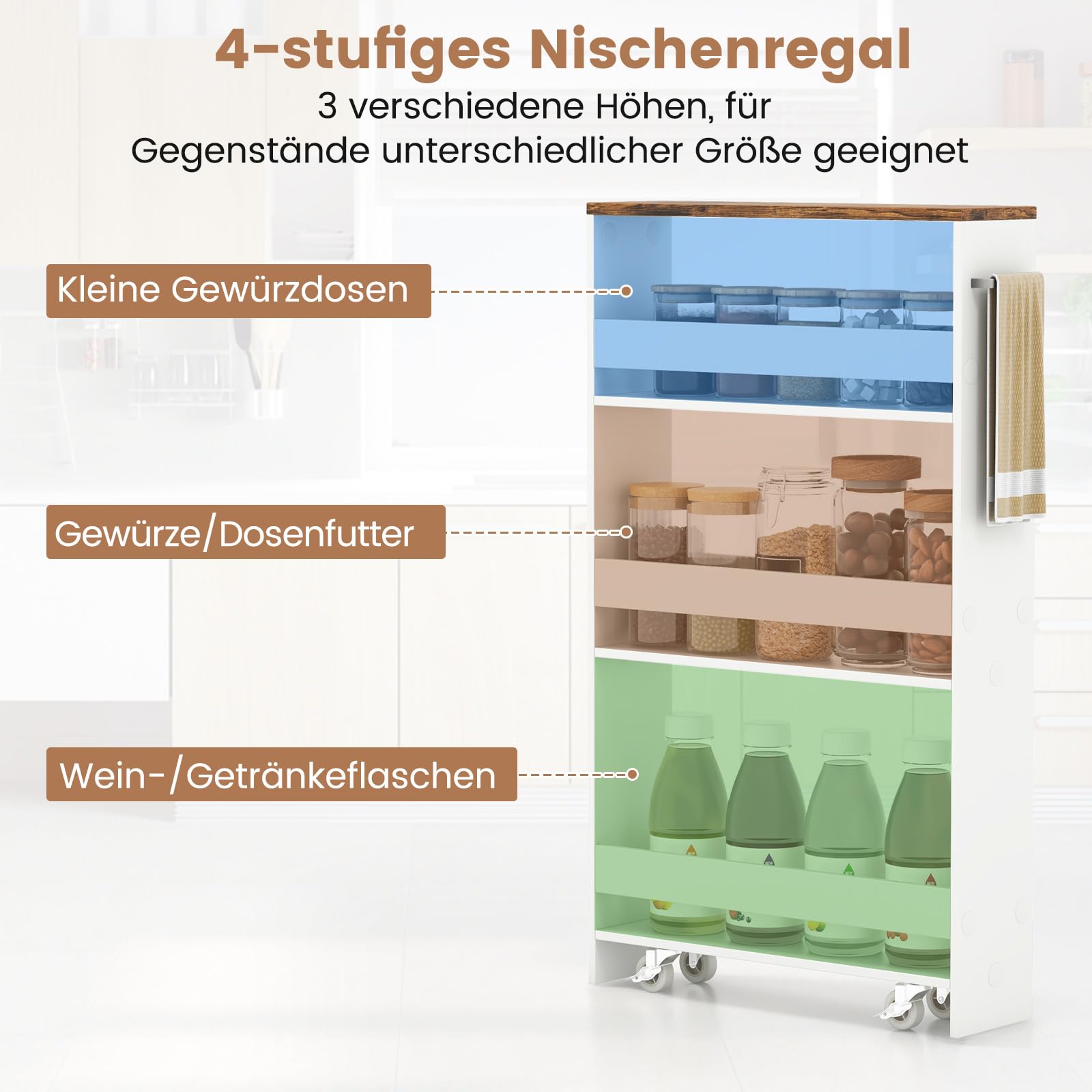 GIANTEX Nischenregal 13cm breit, Küchenregal Küchenschrank Küchenwagen, Nischenschrank Nischenwagen auf Rollen, Badregal Rollwagen Holz 4 Etagen, Schmales Regal für Küche, 47,5 x 13 x 80,5 cm