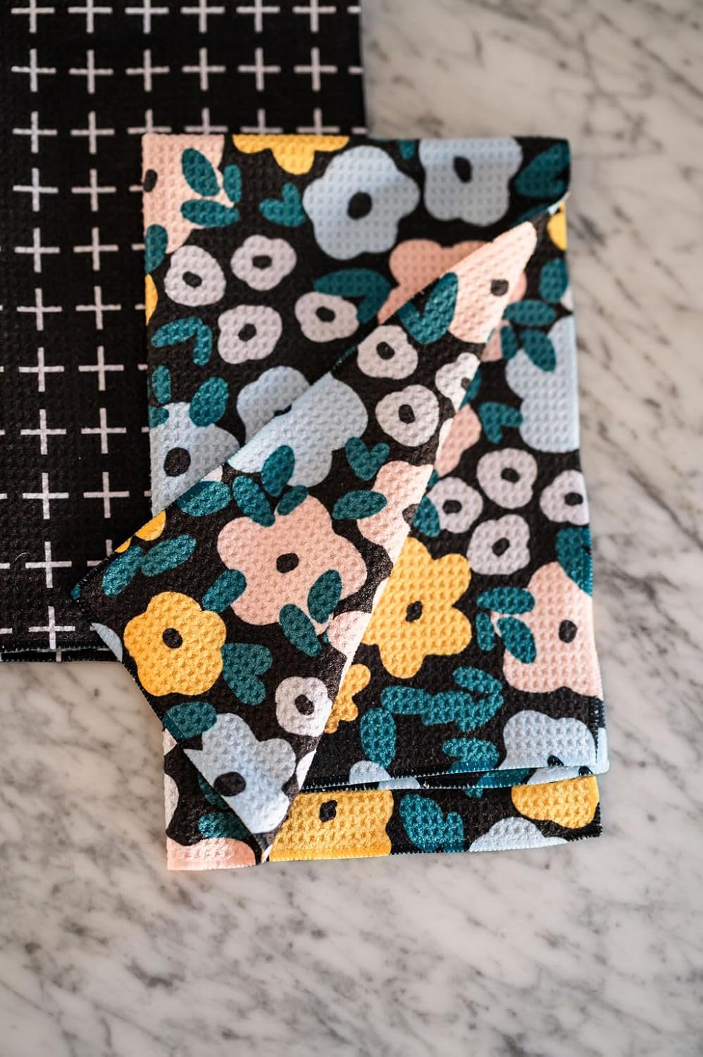 || 3 Pack|| Double Sided || Not Your Ordinary Dish Towels || Waffle Weave Microfiber || Highly Absorbent || Hanging Loop || Dish Cloths || Modern || Designer Prints|| Black and Yellow - Image 8