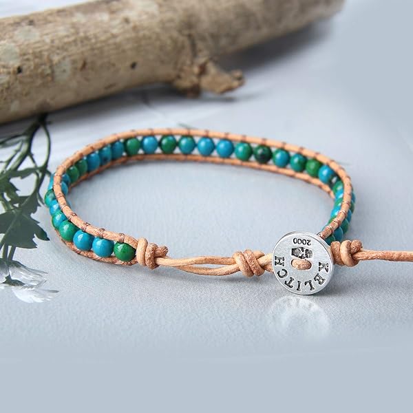 KELITCH Braccialetti avvolgenti con perline turchesi braccialetti regolabili in pelle naturale braccialetti con perline di cristallo - 4