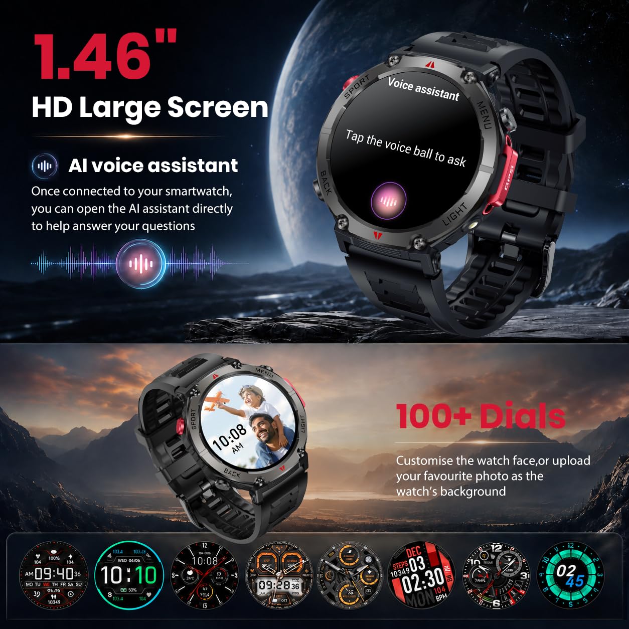 Montre Connectée Homme Smartwatch GPS: 1.45" Montre Outdoor Sport Avec Boussole et Lampe Torche Autonomie 530mAh IP68 Étanche Appel Bluetooth Surveillance Fréquence Cardiaque et SpO2 pour Android iOS