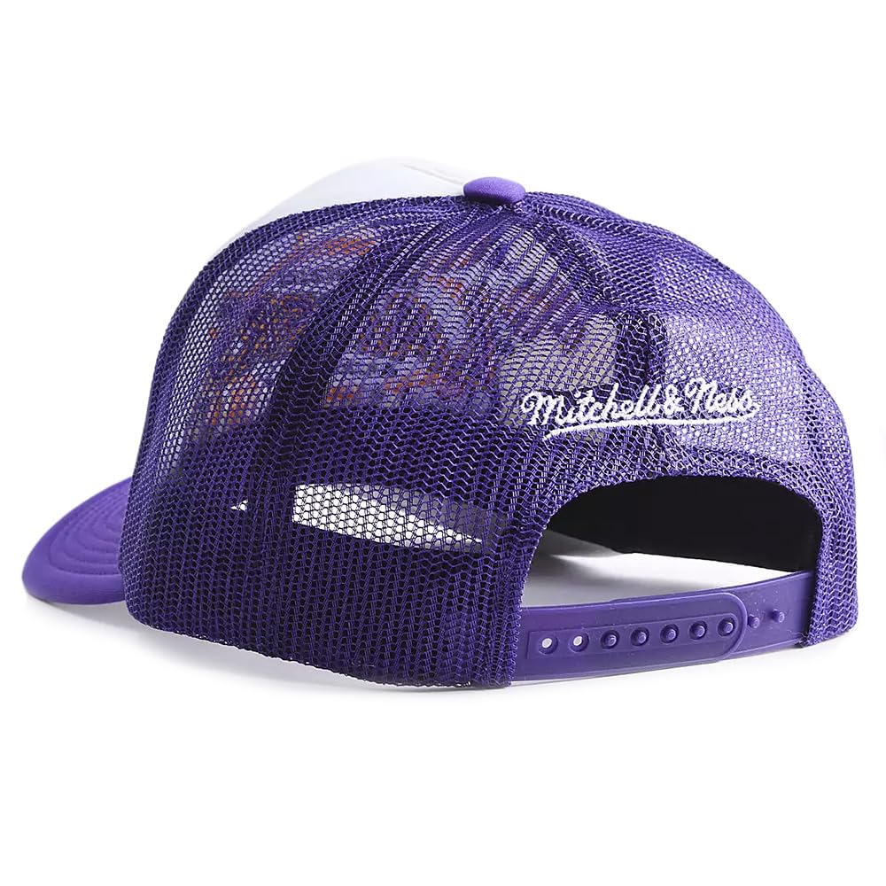 Mitchell & Ness LA Los Angeles Lakers Gorra de camionero frontal de espuma, sombrero ajustable, morado y blanco, Púrpura, blanco, talla única