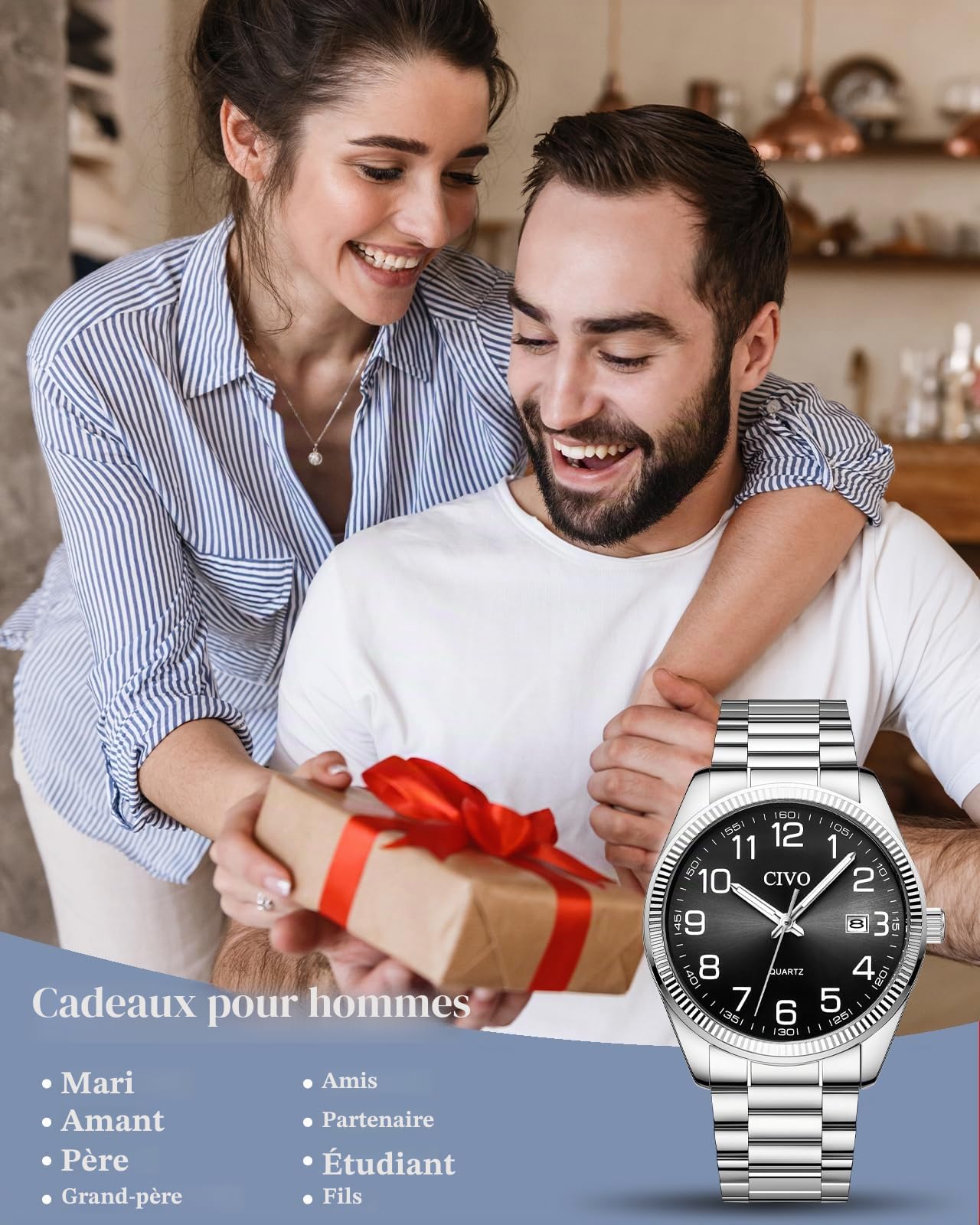 CIVO Lecture Facile Montre Homme: Acier Argent Analogique Quartz Montre Bracelet Etanche Date Lumineuses - Grands Nombres pour Personnes Âgées Ayant Une Mauvaise Vue