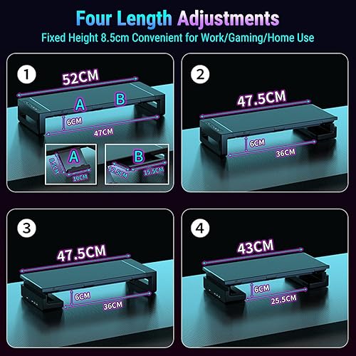 Miniatura 8 de Asixxsix Monitor Stand Riser, 43 to 52cm Length Adjustable 8.5cm Lift Height Desk Shelf Organizer with Cellphone Holder, 4 USB Ports Hub and Drawer