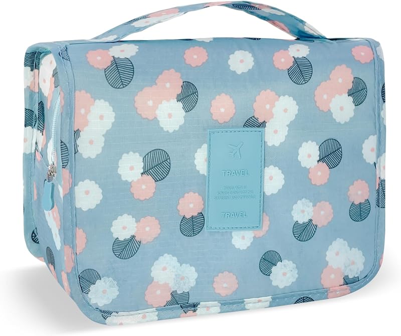 Necessaire suspensa de viagem Pmiuccd com gancho, poliéster, compartimentos e fechamento por zíper, estampa Blue Flower, 1 unidade