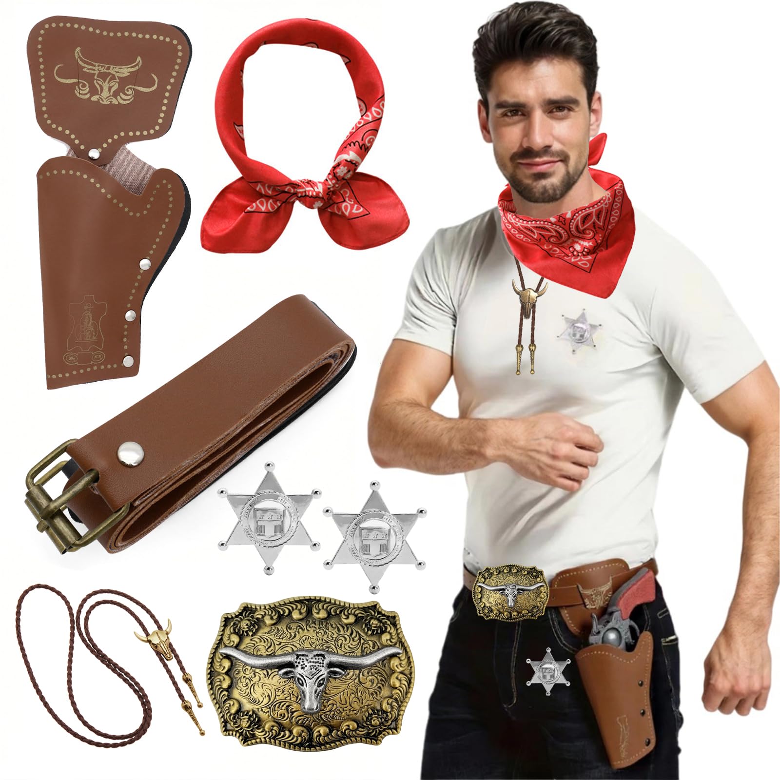DAVBNM Western Cowboy Fancy Dress Accessories Set Cowboy Outfit Kit - Bandanna|Holster|Belt|Sheriff Badge|Tie Necklace|Belt Buckle, Cow Boy Costume for Masquerad Hippie Disco Carnivel Party (Brown)