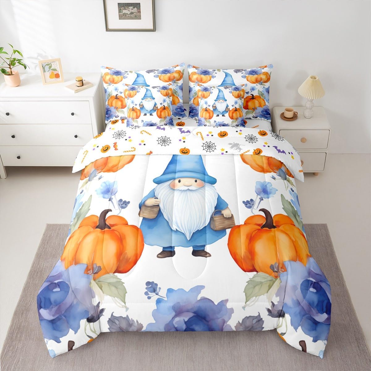 Erosebridal Scandinavian Gnome Queen Comforter Set,7 Pieces Thanksgiving Pumpkin Blue Ink Flowers Comforters Queen Bed in a Bag Christmas Santa Dwarf Fall Bedding Comforter Sets with Comforter,Sheets