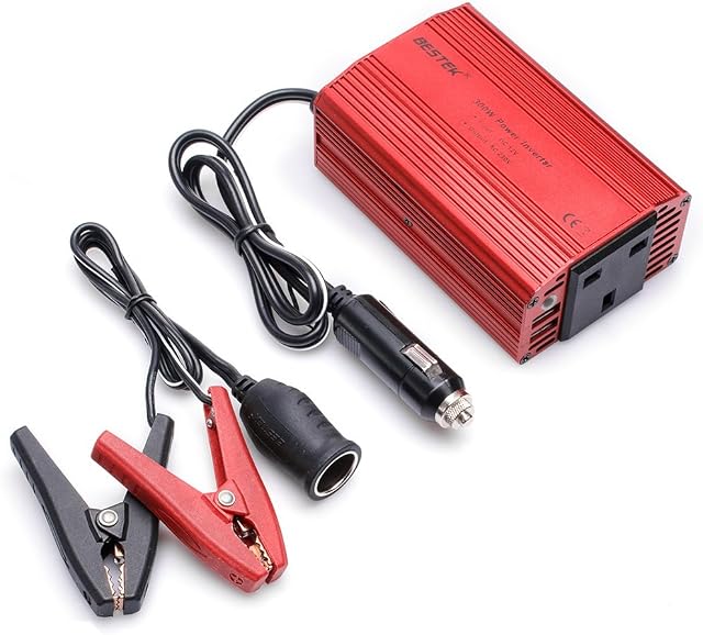 BESTEK 300W Power Inverter DC 12V to AC 230V Car Voltage Converter with 12-Volt Clip-On Battery Cigarette Lighter Adapter & 2-USB Charging Ports