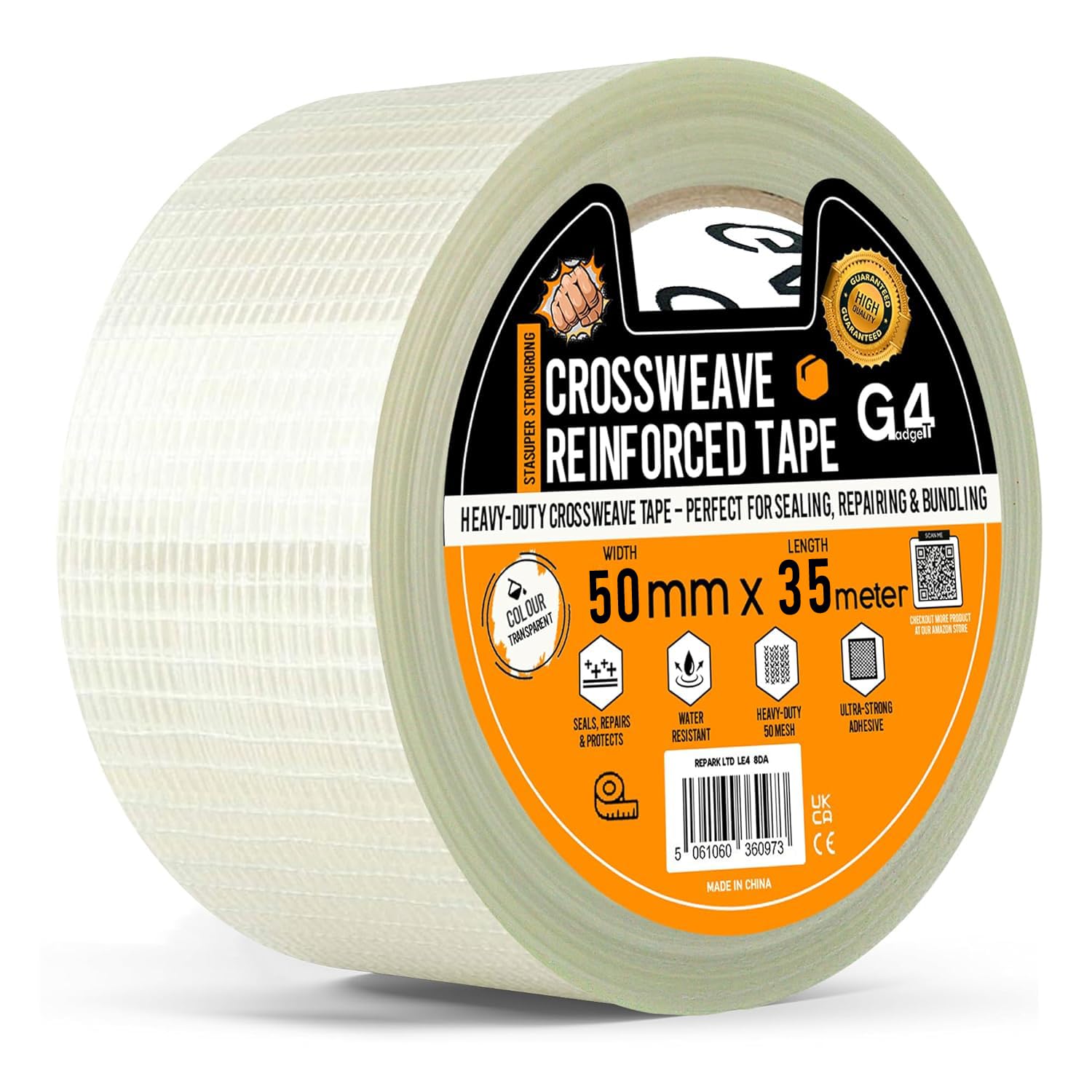 G4GADGET Strong Crossweave Reinforced Tape – 1 Roll, 50mm x 35m, Transparent Bi-Directional Filament Strapping Tape, Fiberglass Heavy Duty Tape for Cricket Bat, Packing & Sealing