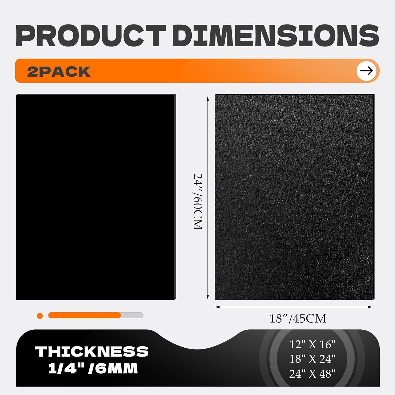 2-Pack ABS Plastic Sheet 1/4 Inch Thick 18" x 24",Two-Sided Heat Moldable Plastic Panel(Textured & Smooth Finish), Black Plastic Sheet for DIY Projects, Decor, Handcrafts,Car Interiors