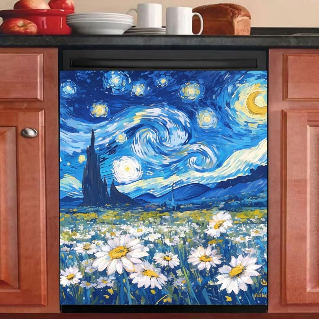 Countryside Daisy Kitchen Decor Dishwasher Magnet Cover Decal, Starry Night Painting Magnet Refrigerator Skin Panel Cover, Farmhouse White Flowers Vinyl Dishwasher Sticker 23" x 26" (Magnetic)