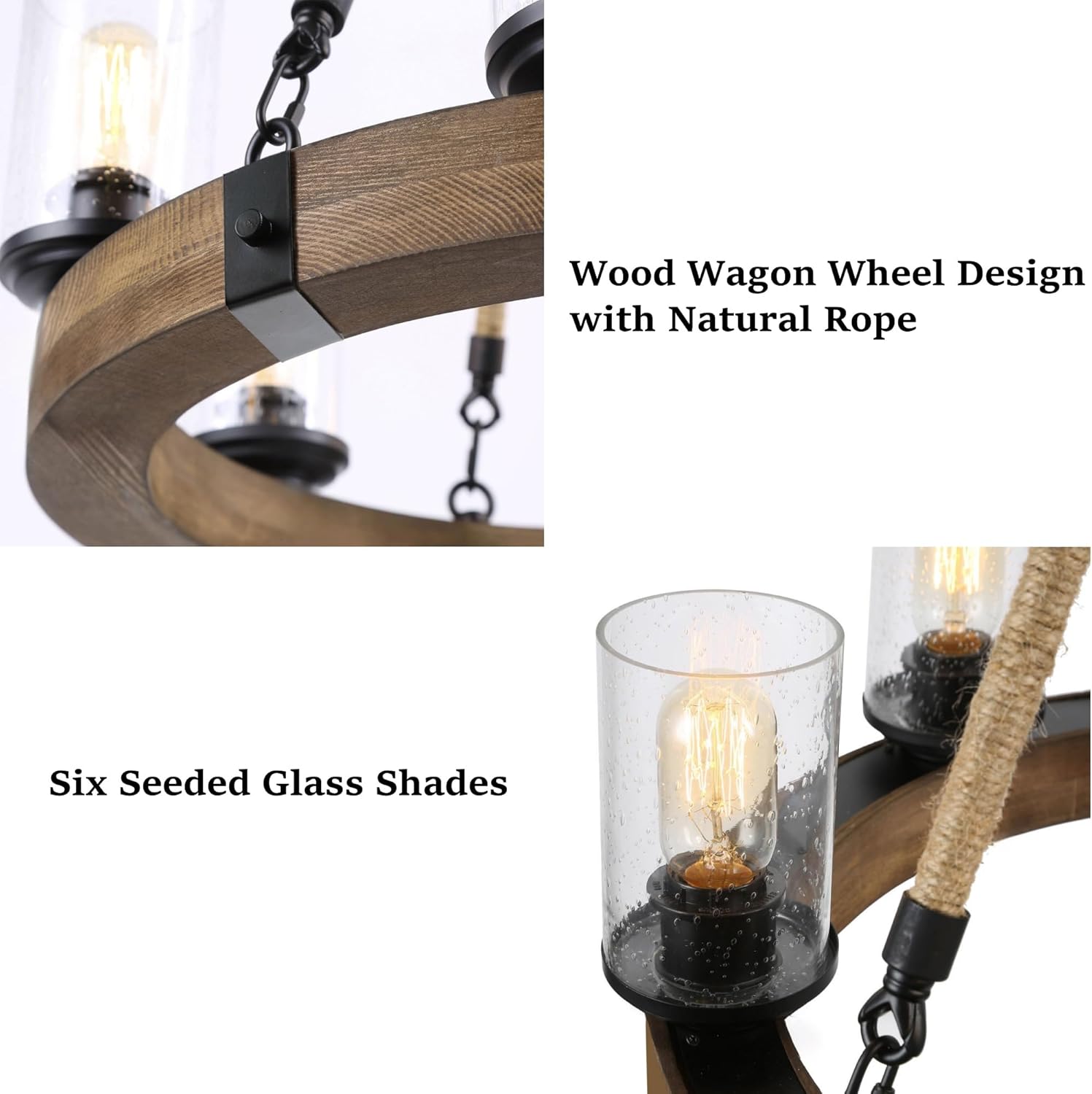 KSANA Farmhouse Chandelier for Dining Room, 6-Light Round Wood Wagon Wheel Light Fixture with Seeded Glass Shades for Kitchen Island & Living Room