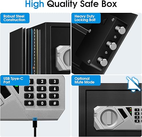 Miniatura 4 de Caja de seguridad pequeña ignífuga de 1.3 pies cúbicos para el hogar, respaldo externo tipo C, caja de seguridad de acero con cerradura de llave con