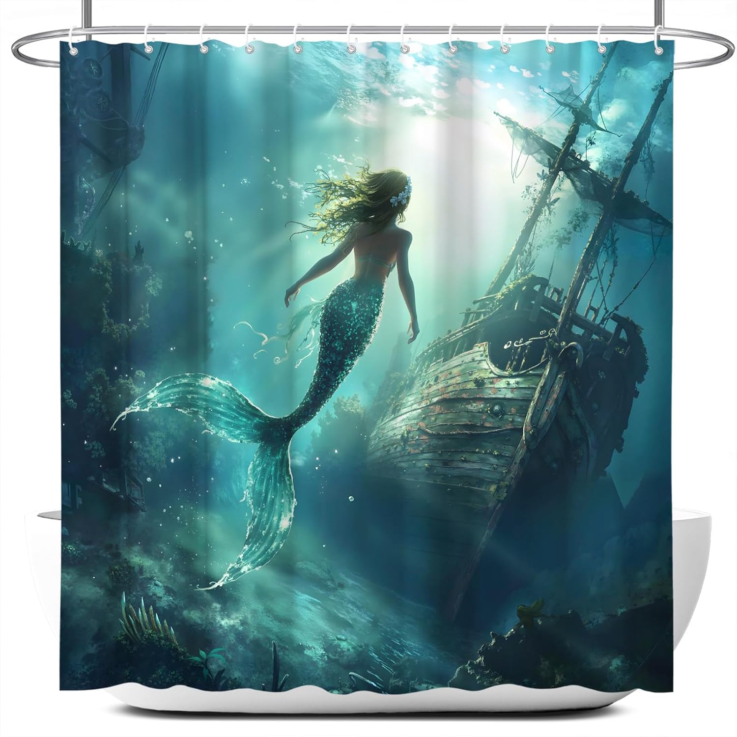 Mermaid Shower Curtain Nautical Vintage Sailboat Sailing Pirate Ship Fantasy Ocean Underwater Adventure Theme Polyester Curtains Bathroom Fabric Decor Set with Hooks 70" L x 108" W